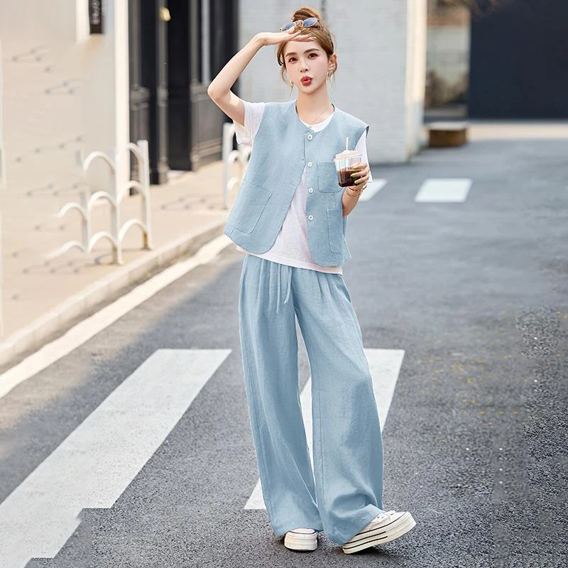 欧货小香风亚麻套装女今年夏季新款遮肉显瘦无袖马甲阔腿裤三件套
