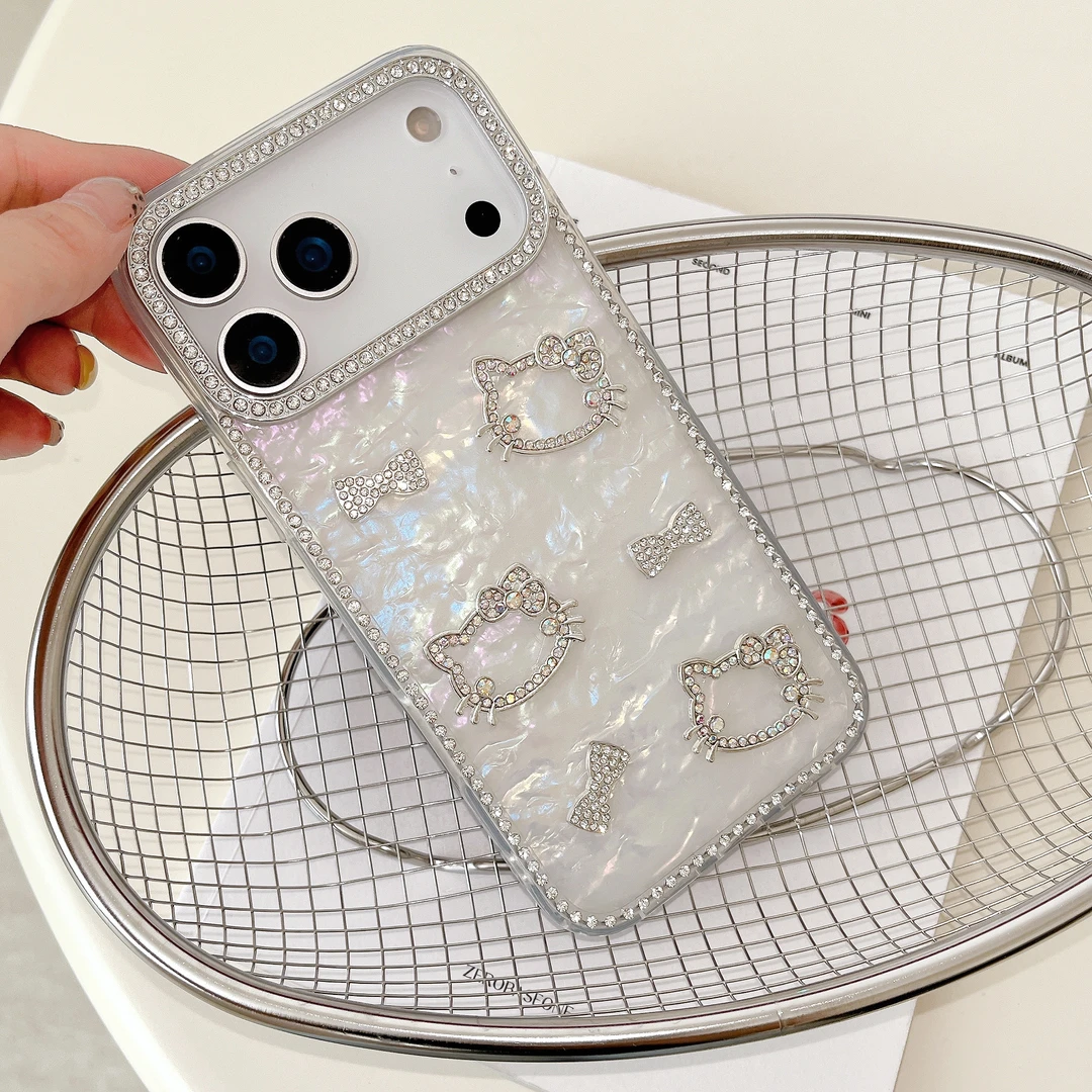 钻贝系列立体kt猫适用苹果17ProMax手机壳iPhone16Pro镶钻镜框15p