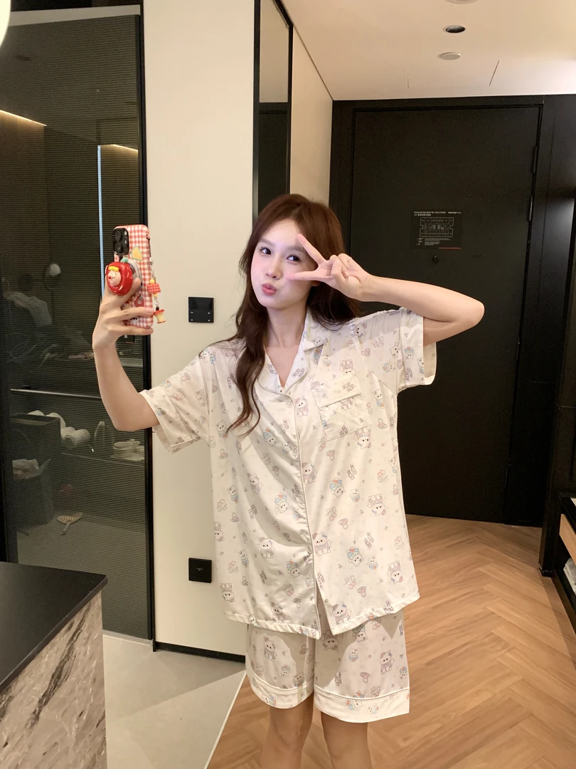 大码冰丝睡衣女夏季卡通翻领宽松薄款青年套装睡衣家居服套装网红