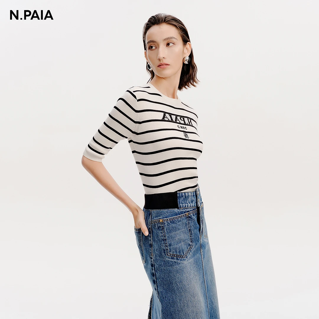 恩派雅2024春新款字母条纹撞色上衣慵懒休闲针织衫XNJPW9511A