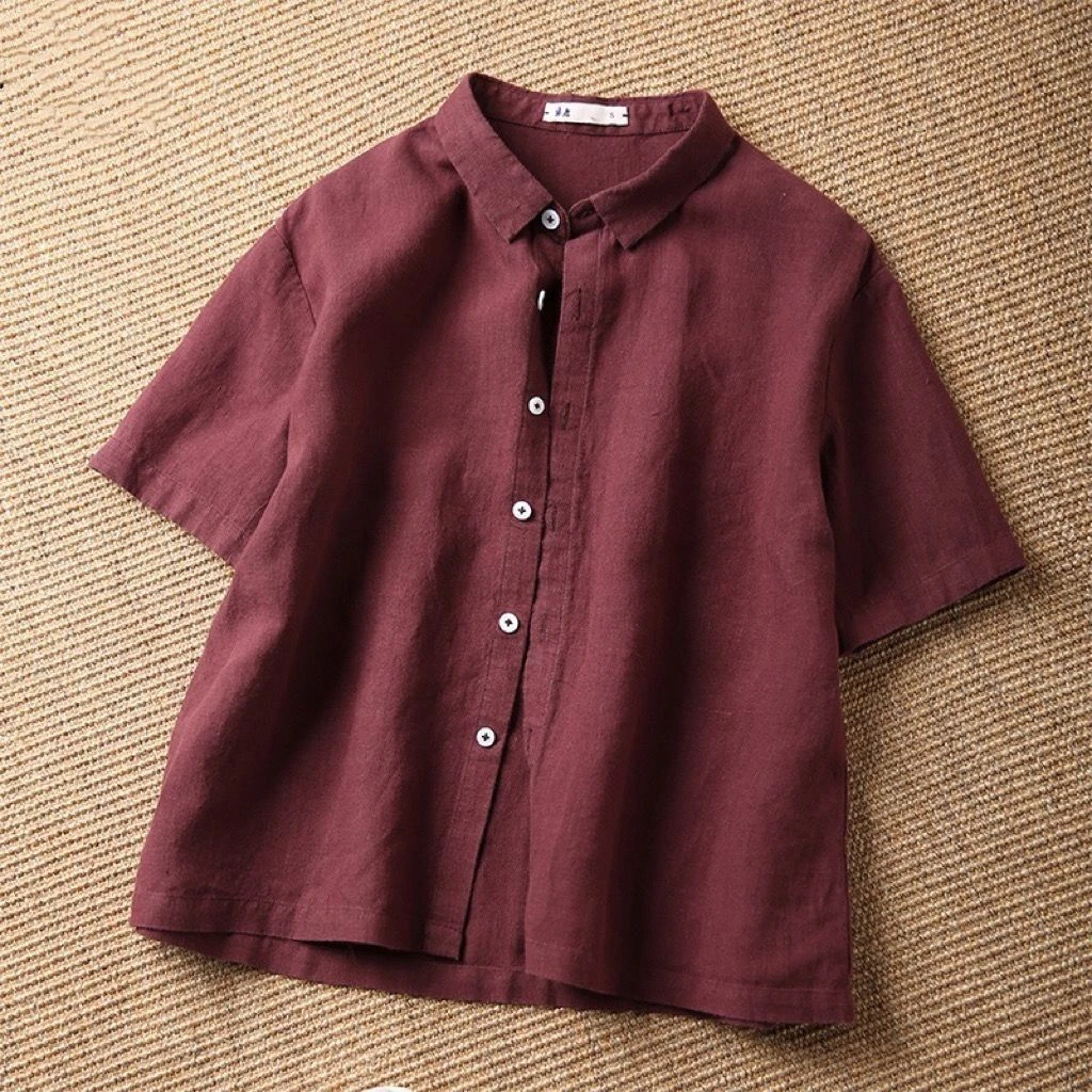 文艺韩版夏季大码酒红色翻领短袖衬衫女上衣复古短袖宽松薄款百搭