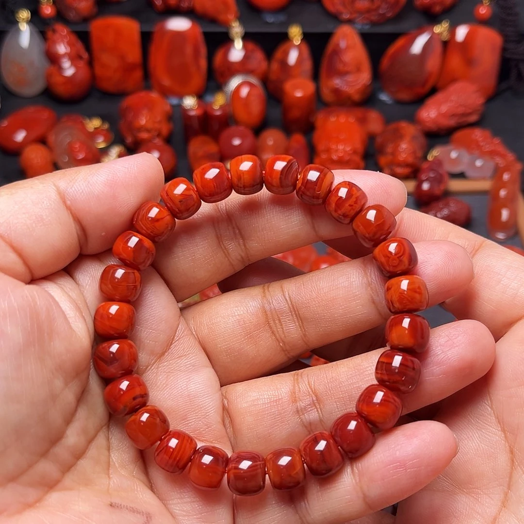 南红玛瑙未镶嵌配饰牛血火焰纹老型手串9mm