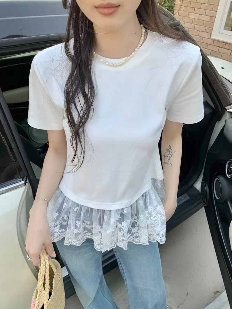 新款韩版气质圆领拼接蕾丝花边短袖T恤