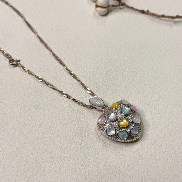 坠链均925银琉璃 【六六中古】孤品复古爱心项链th9527链长65