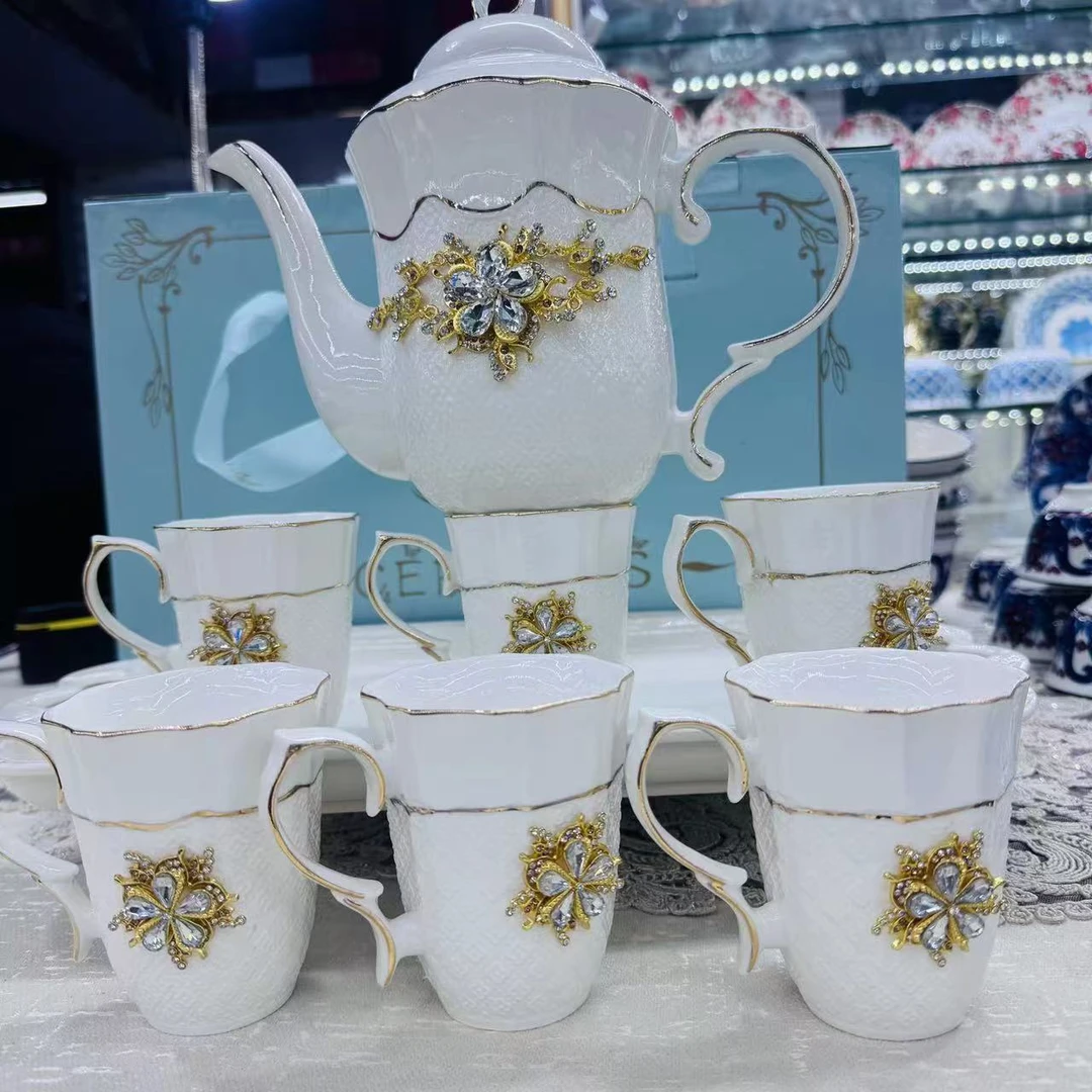 【新疆包邮]ak qaynak  yuruxluk 陶瓷工艺白钻金花茶壶茶杯套装