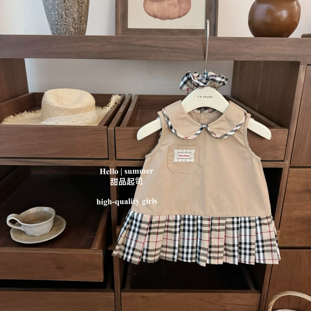 【甜品起司】高品质BBR！女宝宝娃娃领学院风格子百褶背心裙礼服裙