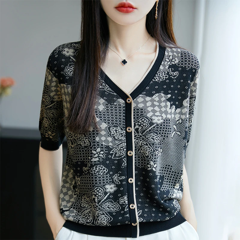 2025新款女装正品V领夏季毛针织衫开衫上衣宽松气质新中式短袖T恤