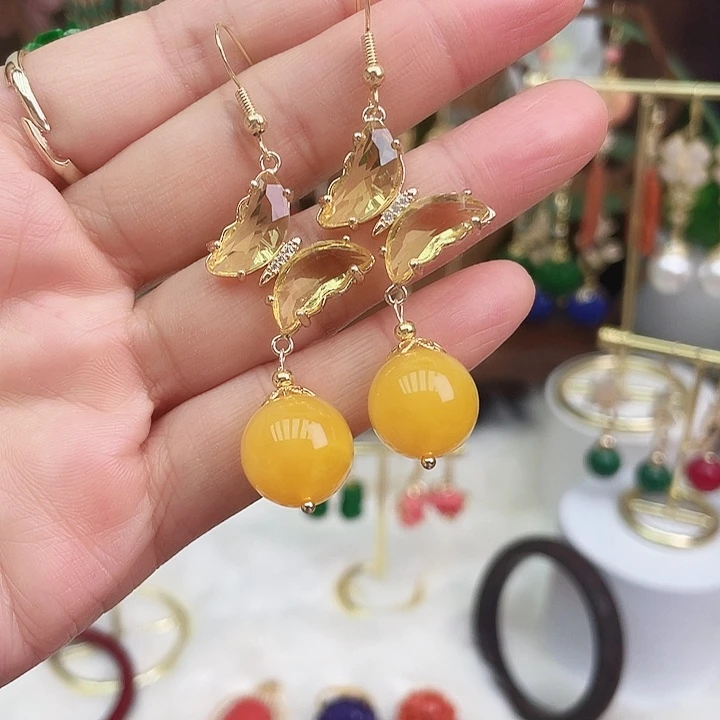 琥珀耳饰未镶嵌黄色蝴蝶蜜蜡