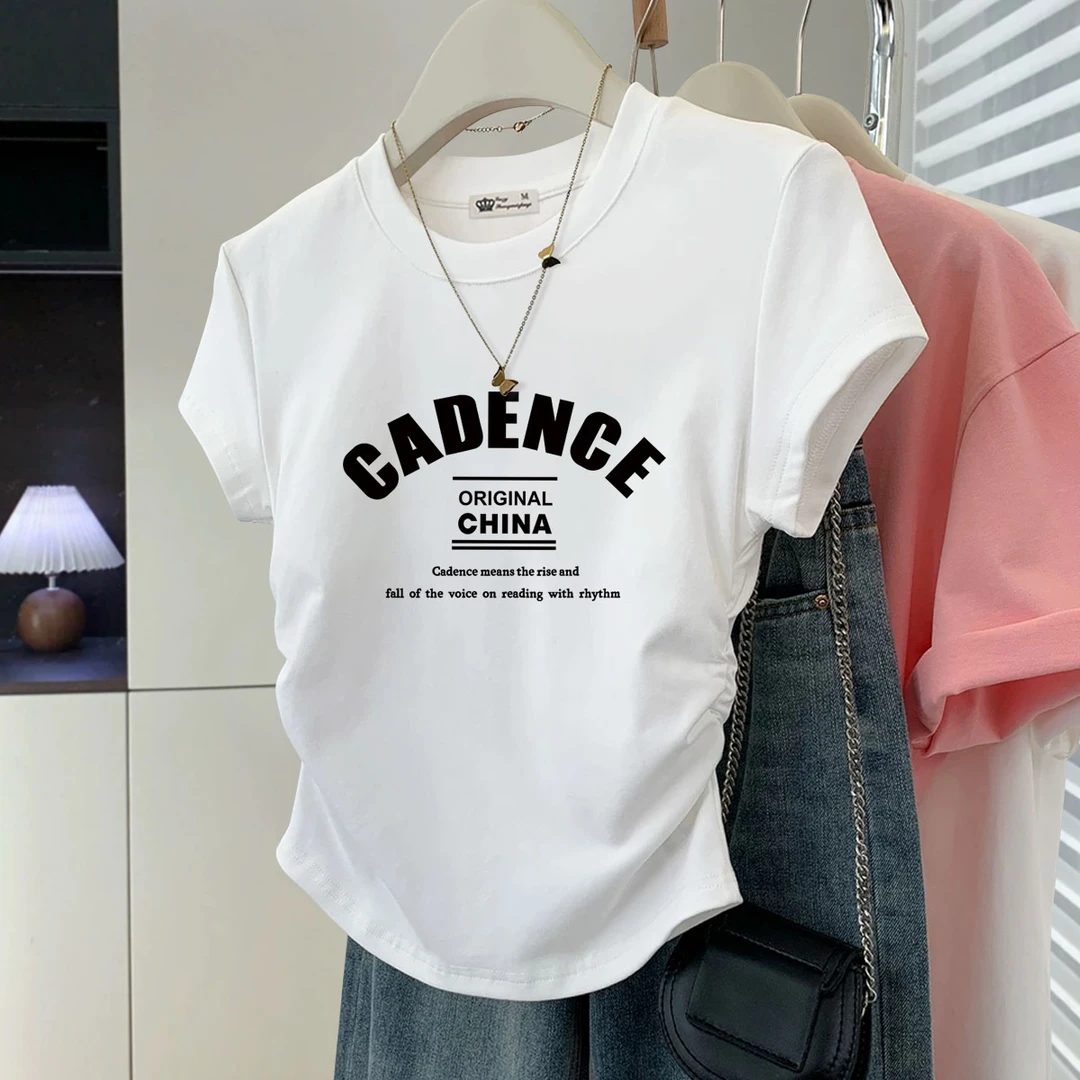短袖t恤女2025年夏季新款短款字母印花洋气百搭修身皱褶显瘦上衣
