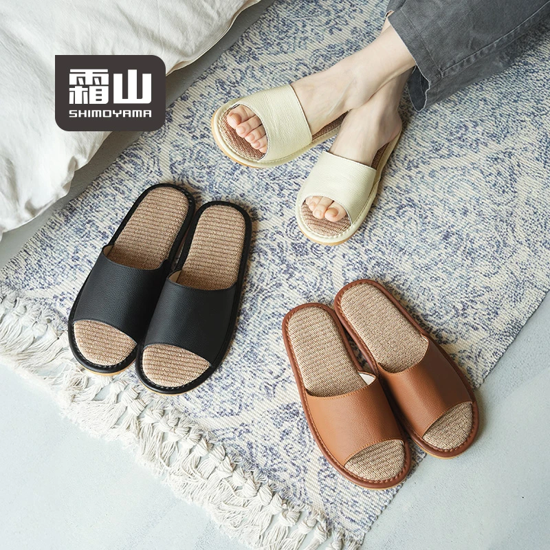 日本【霜山】牛皮亚麻凉拖鞋女夏季防滑吸汗室内软底男情侣透气拖鞋