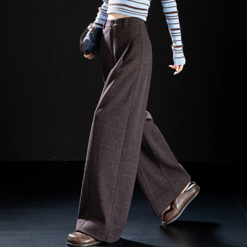 可可色毛呢阔腿裤2025新款垂感弯刀裤秋冬季休闲裤女宽松直筒裤子