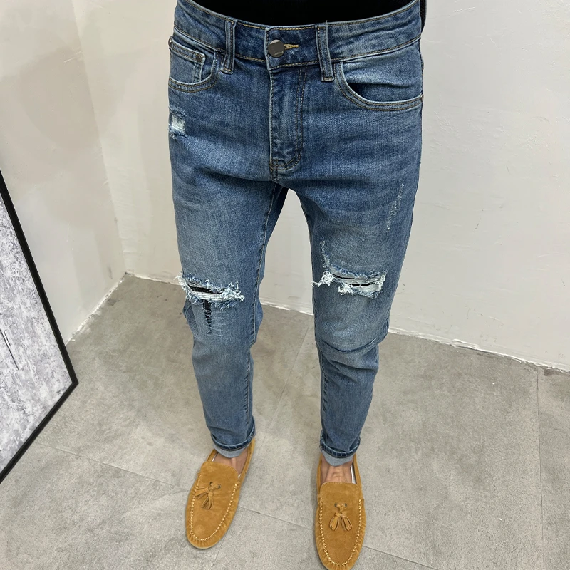 假破洞乞丐牛仔裤男韩版修身小脚裤子秋季新品痞帅时尚蓝色长裤子