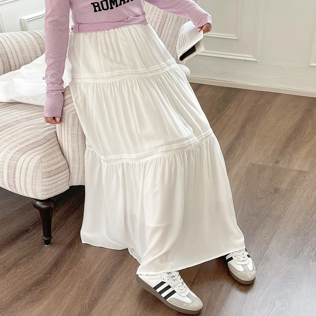 BUMENYLEE白色半身裙女夏新款高腰显瘦胖mm中长款a字蓬蓬裙