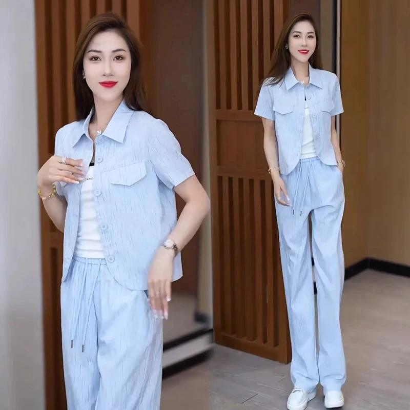 时尚套装女2025夏季新款时髦洋气短袖上衣显瘦阔腿裤气质两件套潮