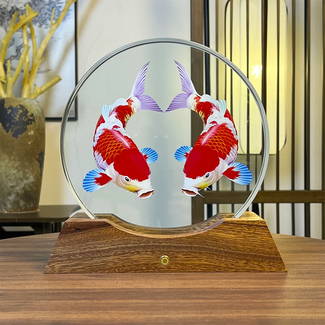 【水晶内画圆形系列】寰宇发光内雕水晶砖装饰品生日礼物玄关摆件