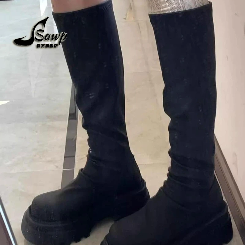 小个子厚底显瘦长筒靴女2025秋冬新款黑色高筒不过膝堆堆靴时尚