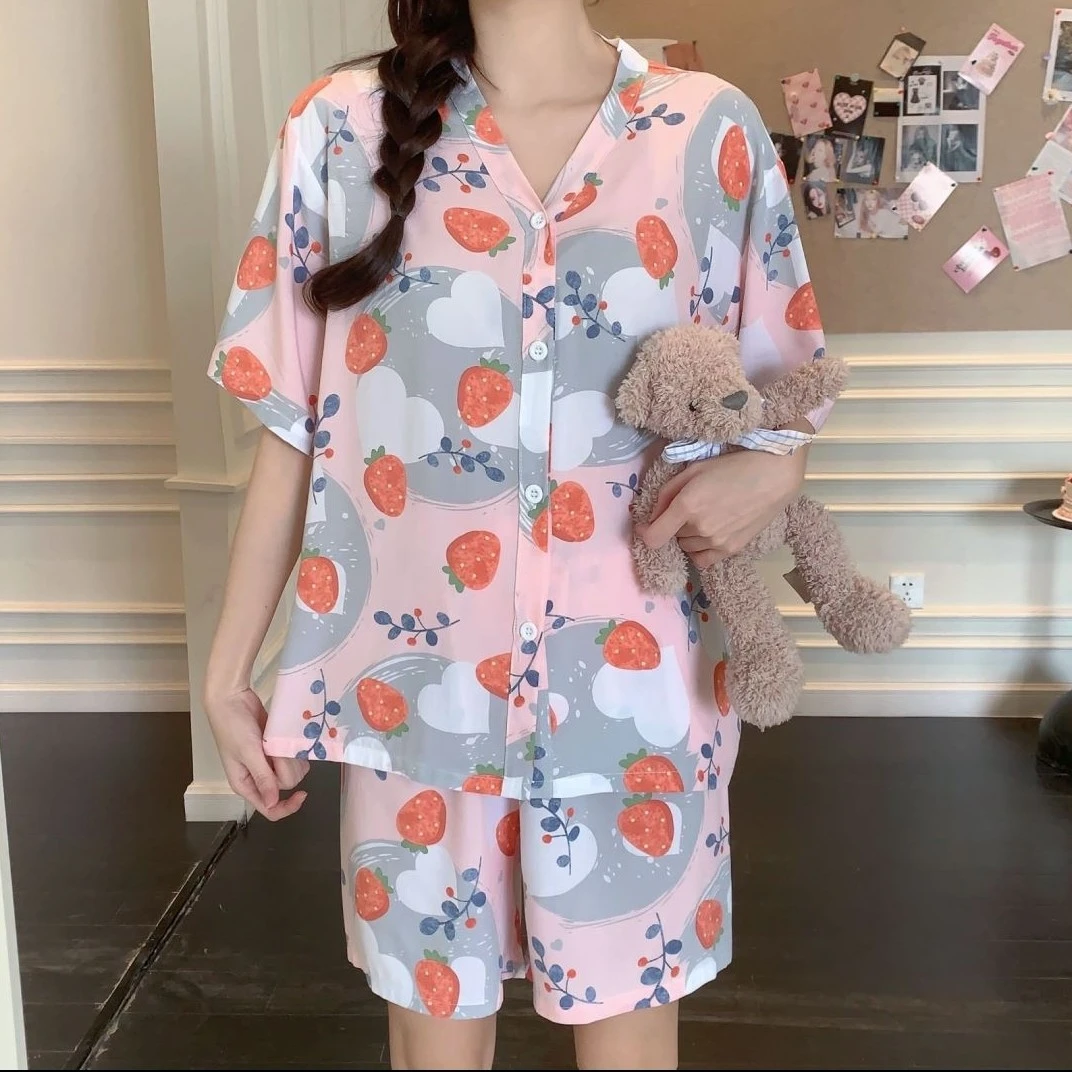 【短袖+短裤】2025夏季薄款可爱甜美透气吸汗网红宽松韩版家居服fh