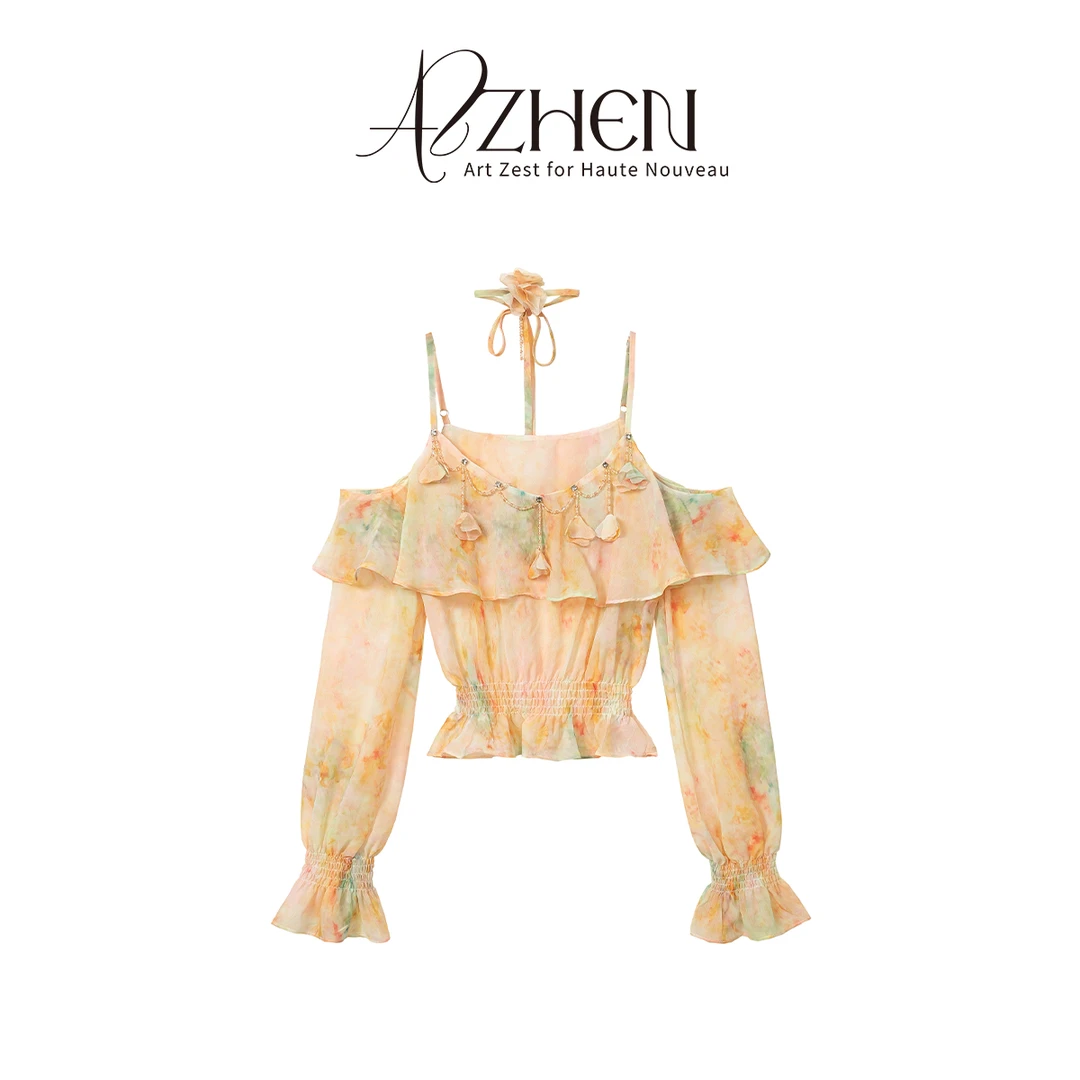 AZZHEN【暮色人间】手工订花吊带一字肩上衣AZ5DZS11-00