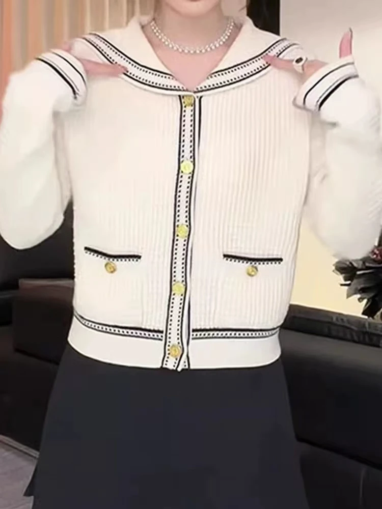 【编码21】韩版长袖上衣撞色女毛衣洋气小香风减龄开衫海军领春季