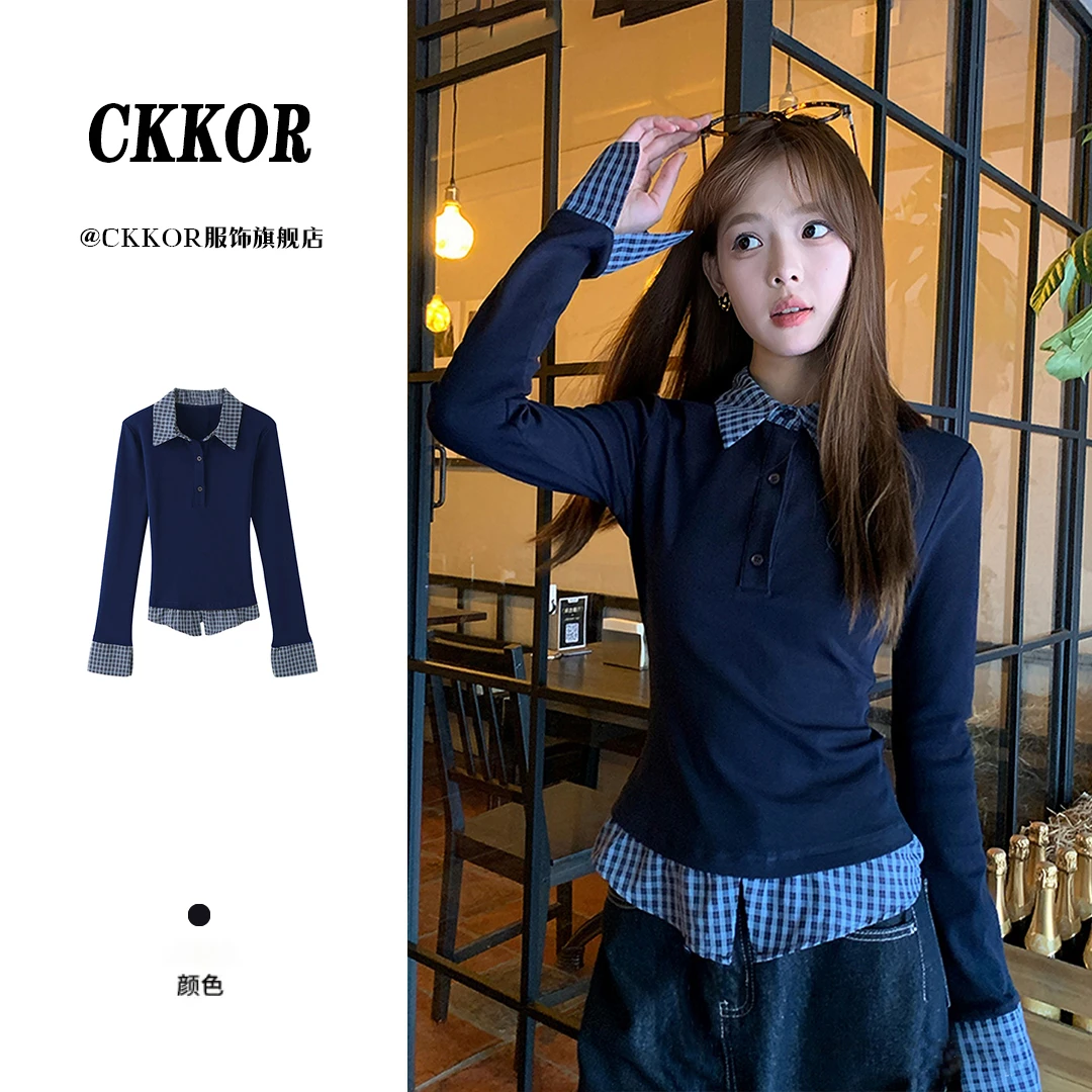CKKOR美式学院风拼接假两件春节打底衫女春秋新款修身收腰长袖t恤