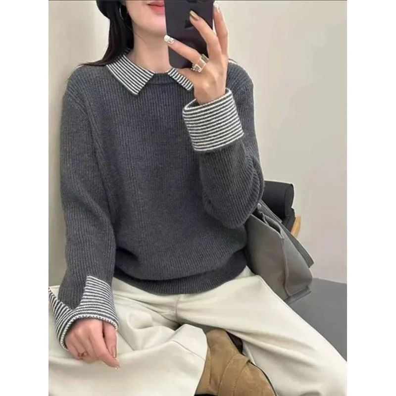 韩系假两件毛衣女套头秋冬新款洋气宽松针织上衣Q13