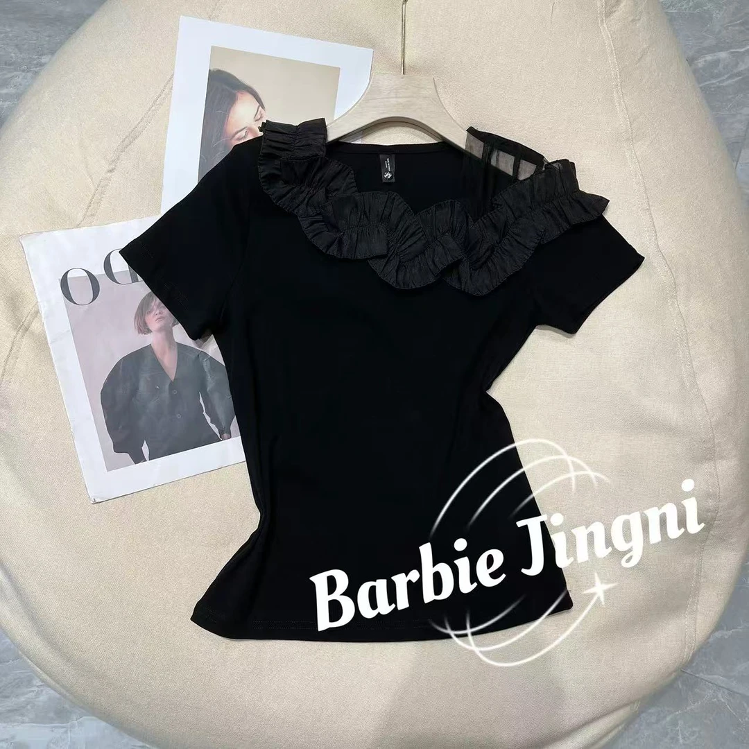 【Barbei jingni】6026 拼接蕾丝立体花朵设计感显瘦小众气质短袖