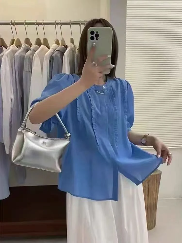 8882款木耳边圆领短袖衬衫2025夏季新款女时尚百搭别致爆款上衣潮
