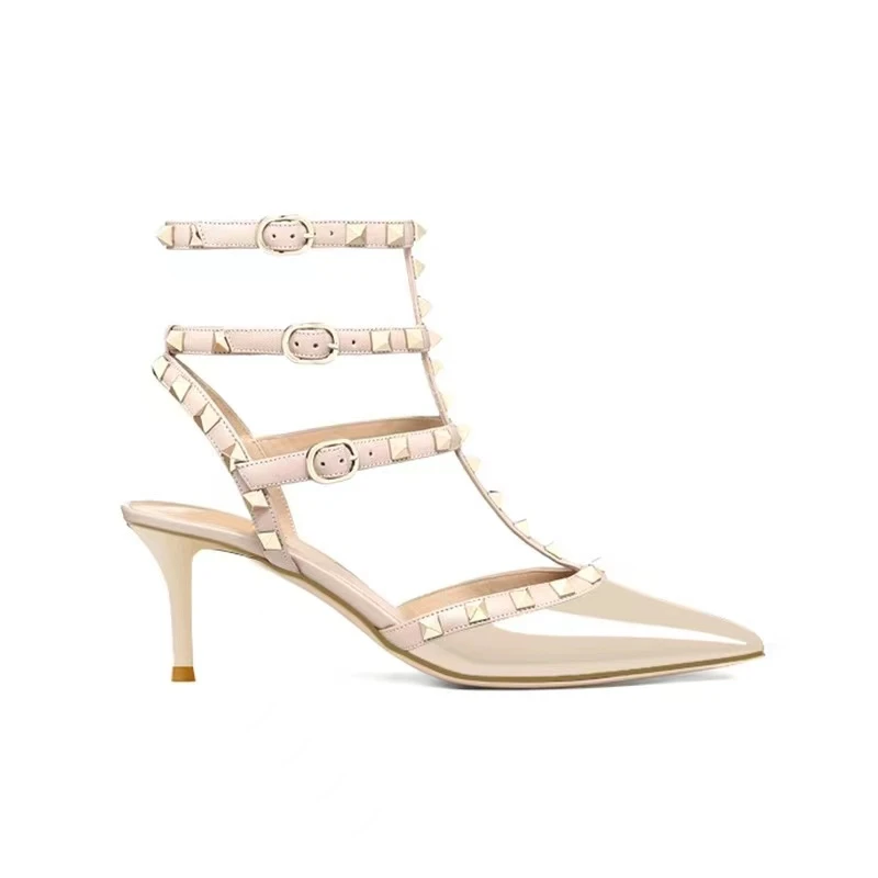 【表弟严选】CL8343  裸色  女士高跟铆钉时尚尖头细跟包头凉鞋