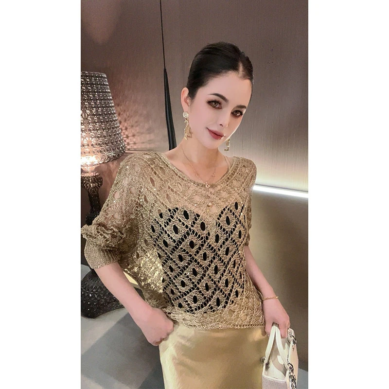 （特价）镂空亮片防晒不规则上衣SY30415春游