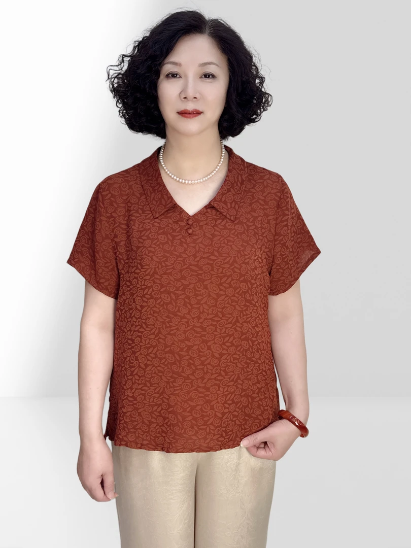 夏季时尚宽松晾爽遮肉短款玫瑰提花中老年妈妈衬衫上衣