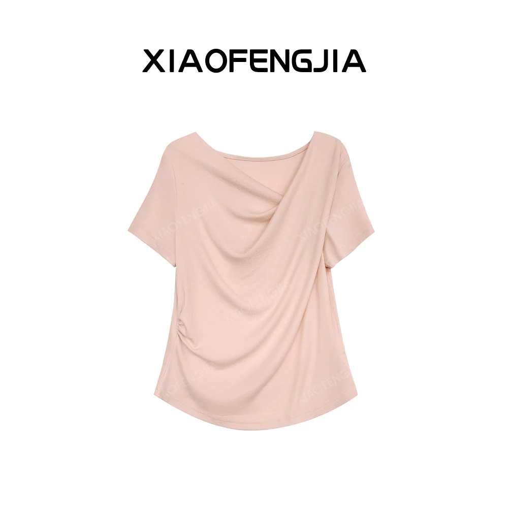 不规则设计斜肩短袖T恤女2025夏季新款褶皱修身短款荡领甜美上衣