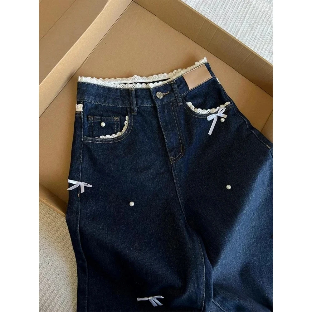 美式复古蝴蝶结花边阔腿牛仔裤女2025冬季新款宽松显瘦直筒拖地裤