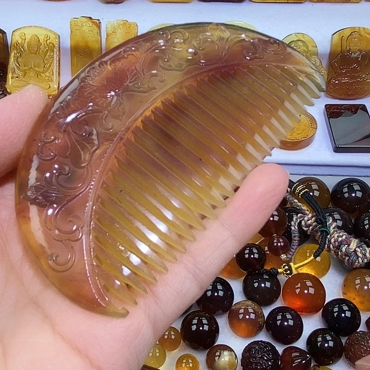 琥珀未镶嵌吊坠(不含链)天然缅甸琥珀金棕莲花梳子