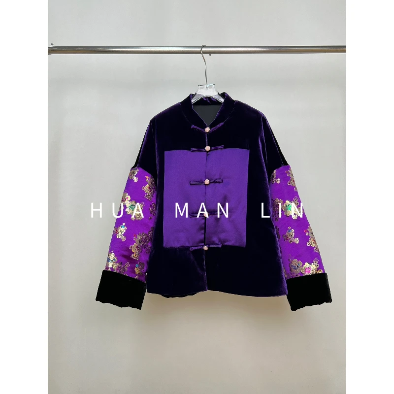【花满林】小立领正门襟拼接袖真丝桑蚕丝丝绒外套69899