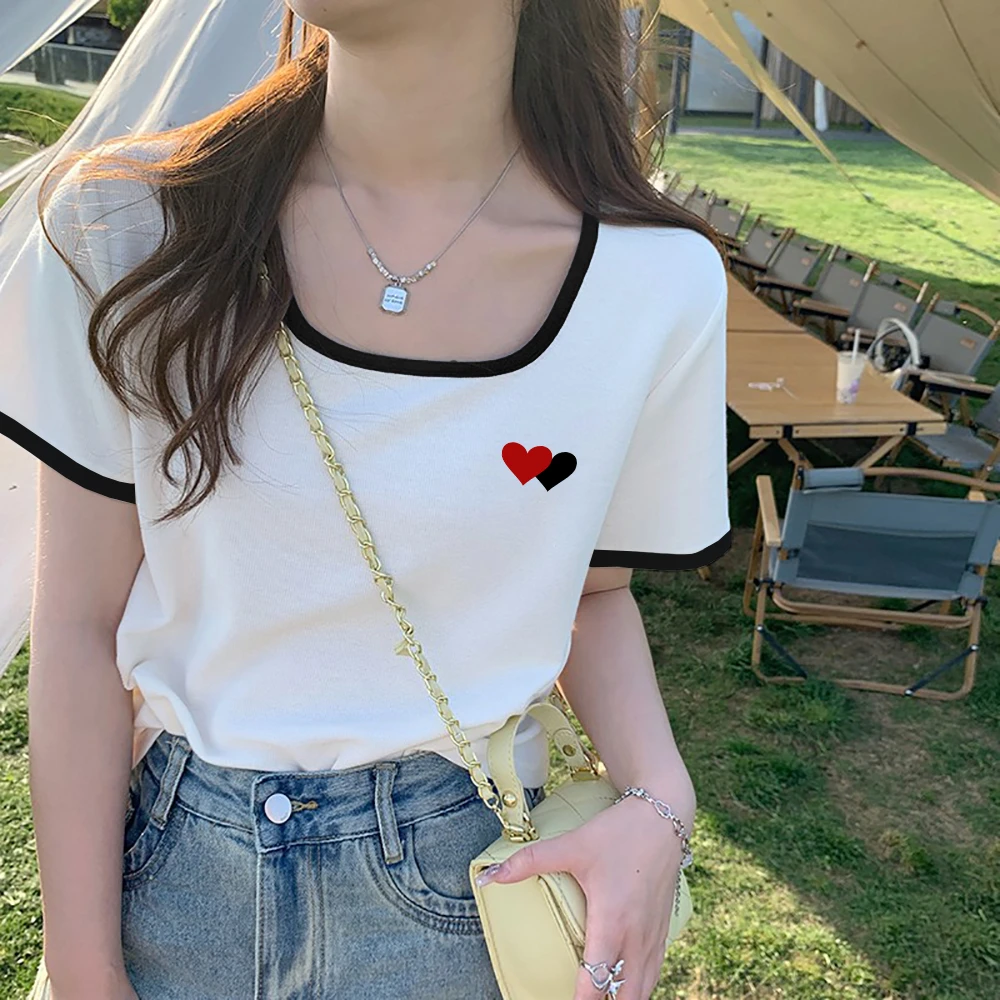 纯欲慵懒风女装正肩短袖T恤女夏季新款纯棉方领体恤2025白色上衣