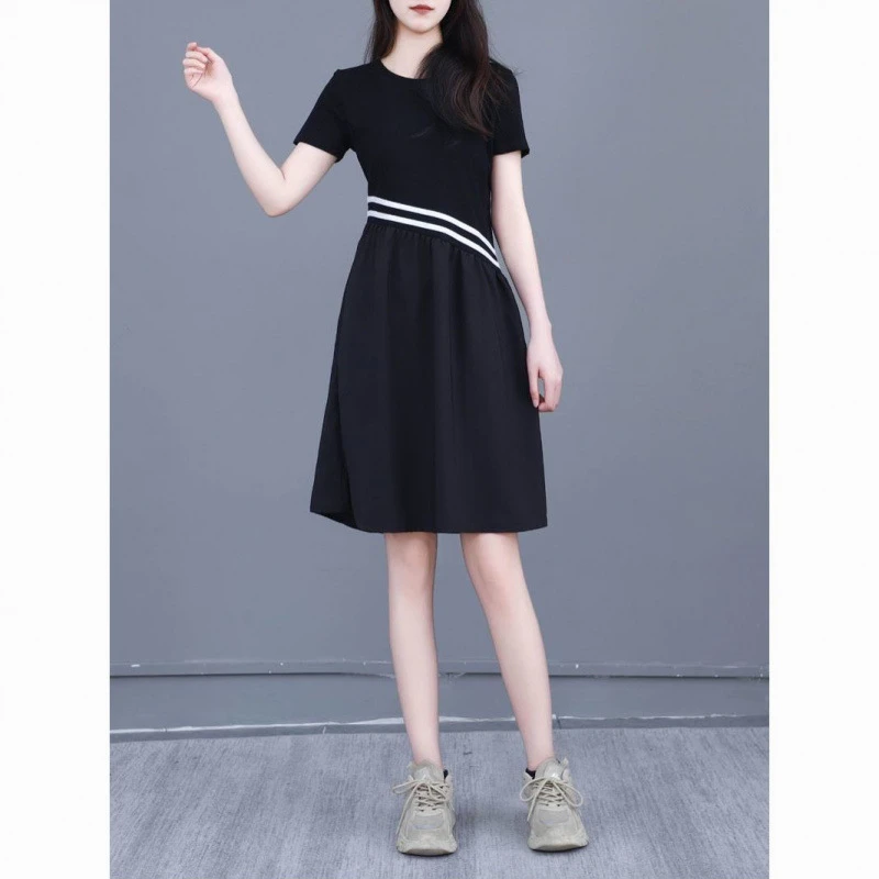 新款纯棉宽松显瘦拼接韩版短袖收腰连衣裙舒适圆领中