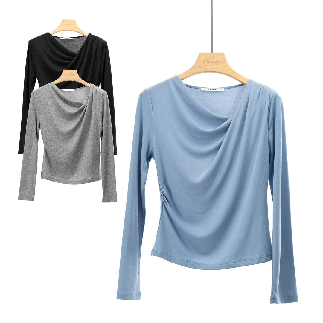 海浪波纹不规则V领设计感气质修身打底捏褶上衣