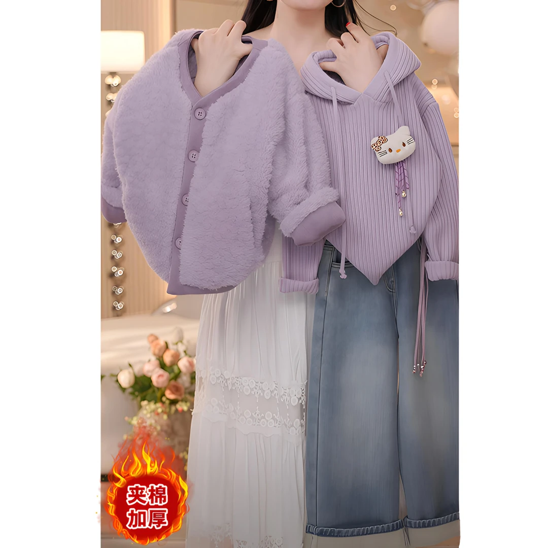 女童毛衣加绒牛仔裤套装2025新款秋冬加厚针织衫阔腿裤夹棉毛毛衣