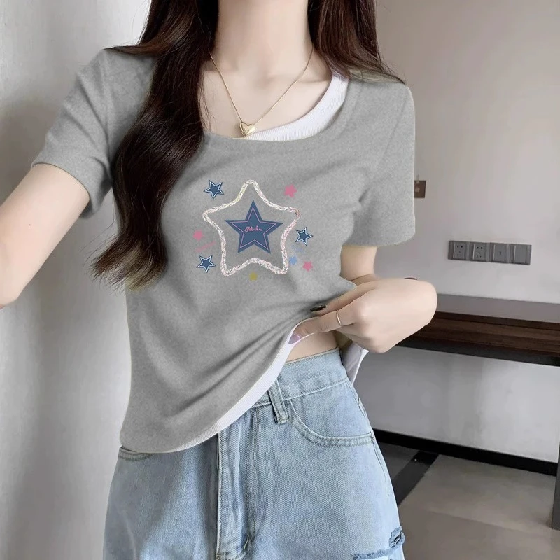 拼接撞色方领灰色短袖假两件t恤夏季新款ins网感内搭打底短款上衣