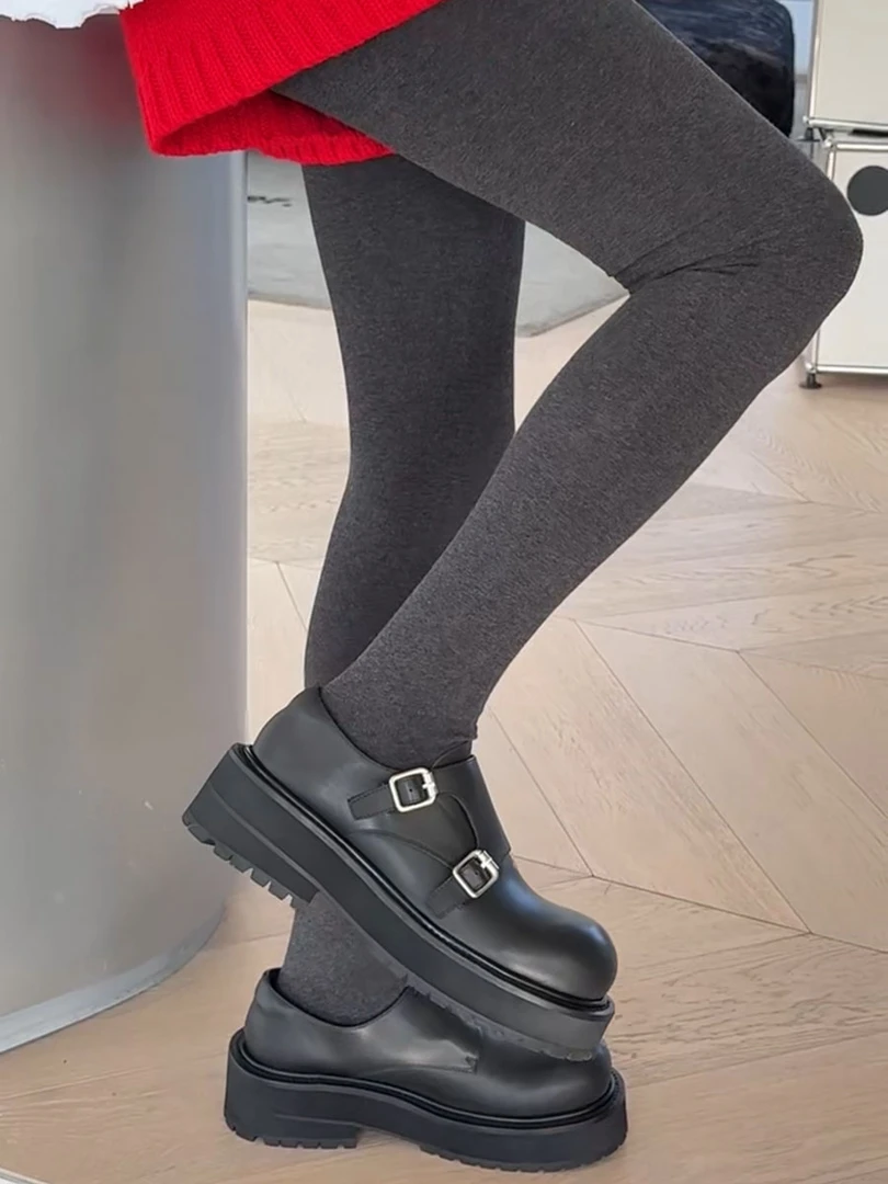 诗歌兰真皮乐福鞋女2025春款时尚圆头厚底皮带扣显瘦小皮鞋