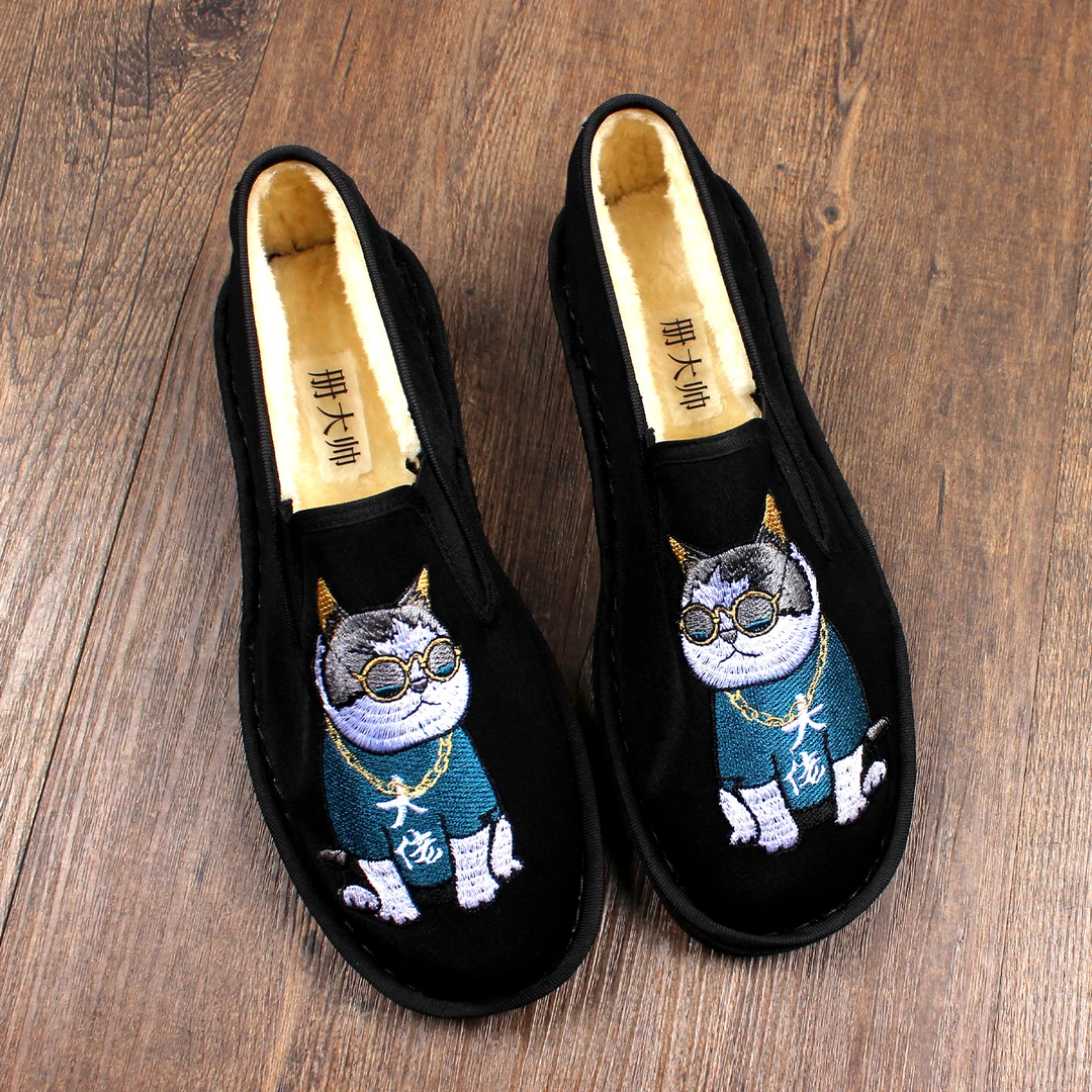 2025新款冬季加绒一脚蹬老北京布鞋男刺绣加厚保暖舒适轻便二棉鞋