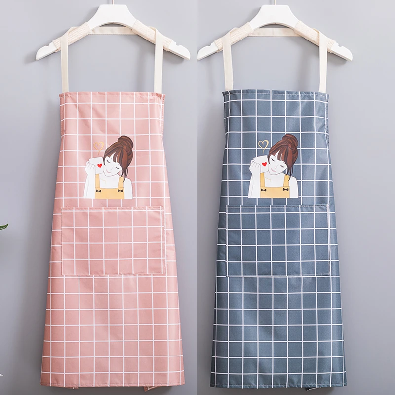 韩版格子女士围裙厨房专用防水防油家用做饭围腰可擦手罩衣