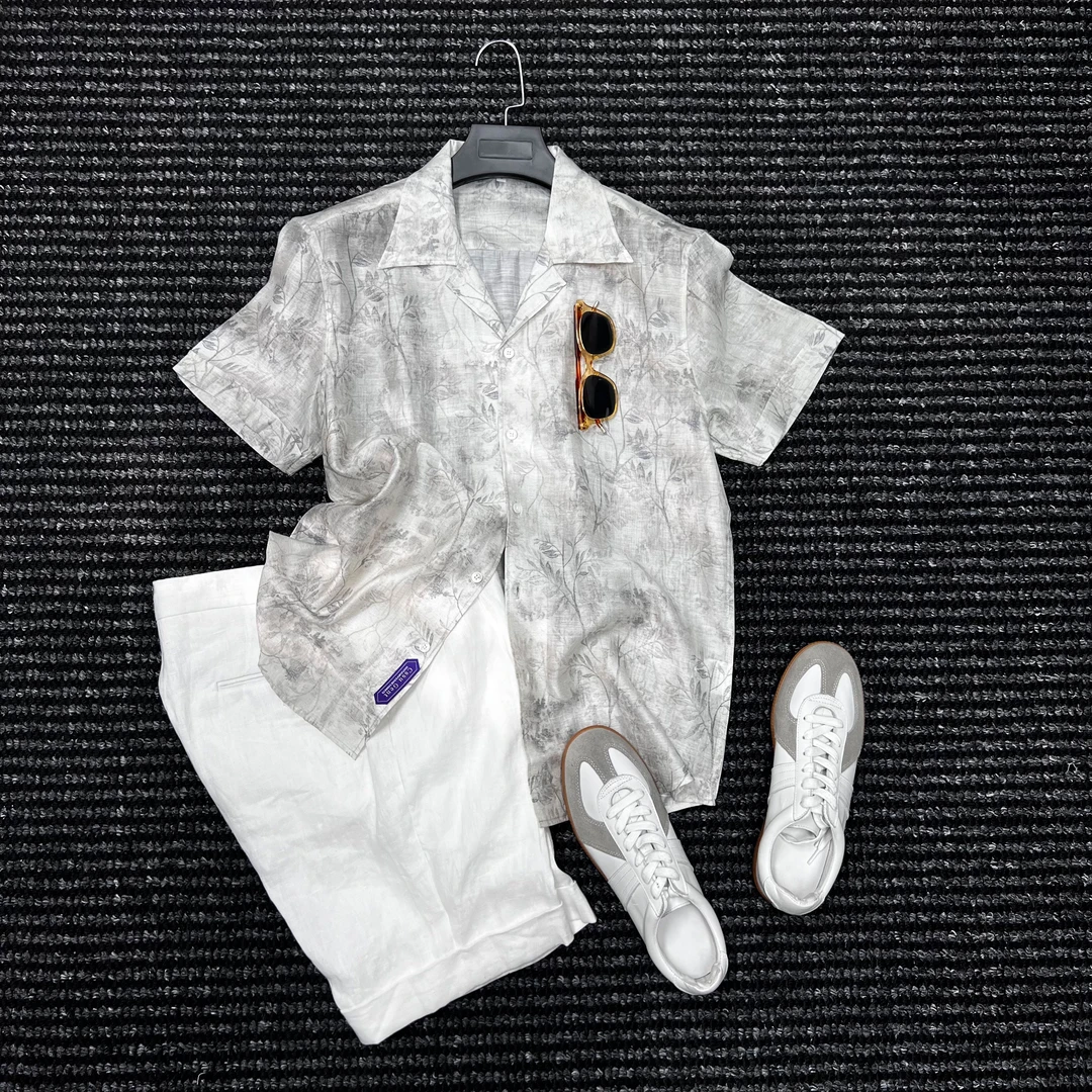 CssuGent那不勒斯皇后山水画古巴领短袖衬衫男夏季醋酸亚麻衬衣潮