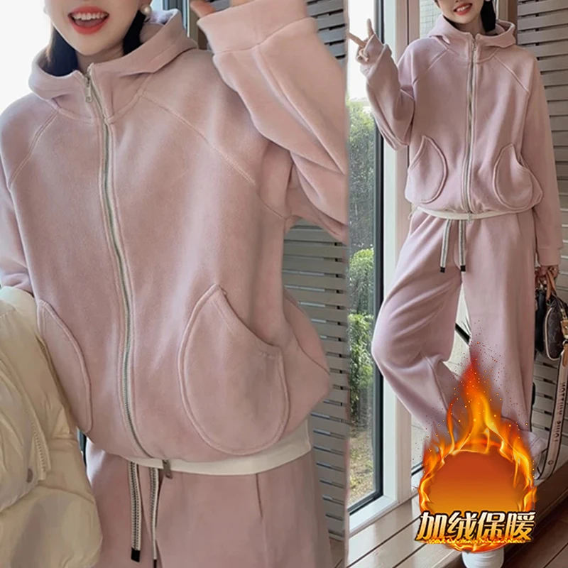 2025冬季新款洋气加绒保暖韩系连帽卫衣阔腿裤休闲绒绒懒人套装