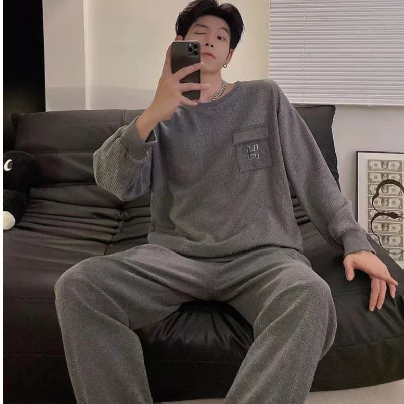 冬季加厚睡衣男新款长袖长裤家居服（灰蓝色）以直播展示为准