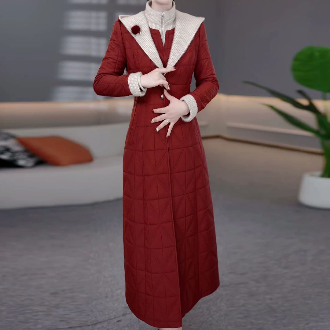 蓄热棉2025秋冬新款时尚轻奢国风夹棉连帽长外套连衣裙气质套装