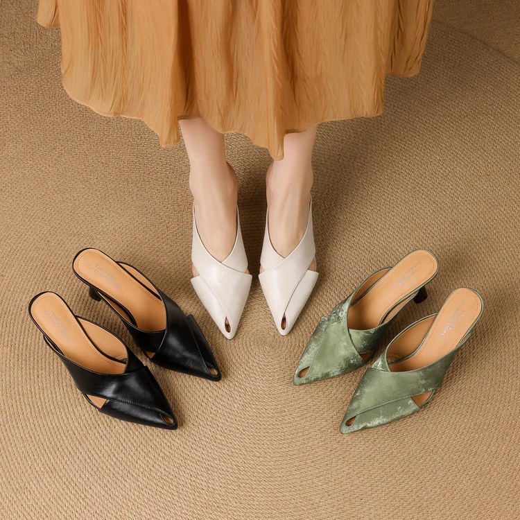 2025夏季新款真皮包头半拖鞋女尖头细跟高跟鞋外穿穆勒鞋凉拖鞋女