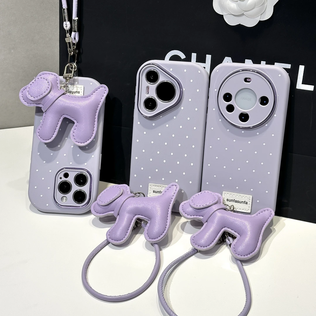 简约波点紫色小狗挂绳适用苹果17华为P70手机壳vivoppo小米女15套