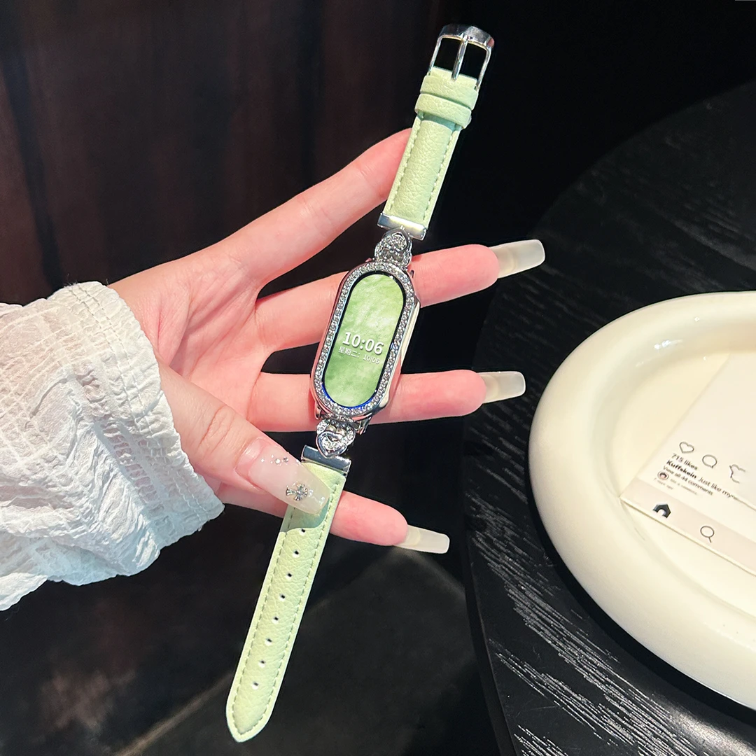 适用于小米手环10表带9镶钻爱心荔枝纹皮质7/6/5NFC版陶瓷版腕带