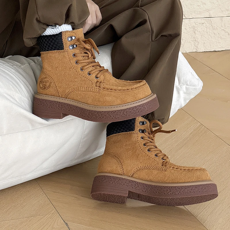 潮流百搭工装鞋子男2025新款秋季高帮翻毛靴子厚底增高小众马丁靴
